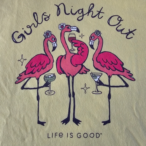 Life Is Good Yellow Tee with Pink Flamingos - Picture 1 of 6